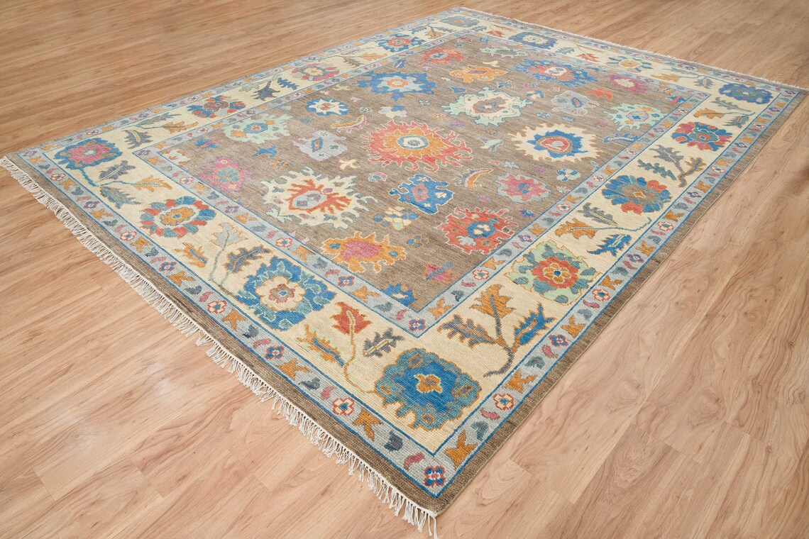 Peanut Brown Oushak Rug, Modern Turkish Rug, Handknotted Wool Rug With Accents In Blue, Orange & Sand Border: Happy Almond Area Rug