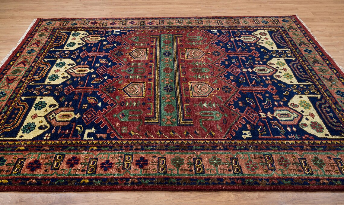 Burgundy Red Gold Oriental Rug, Persian Rug With Tribal Geometric Pattern, Quick Ship Black & Blue Wool Rug: Midnight Rain Area Rug