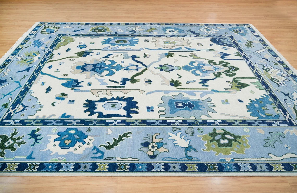 Contemporary Oushak Rug in Ivory, Blue Area Rug, Navy Accent Modern Turkish Rug, Floral Rug For Living Room