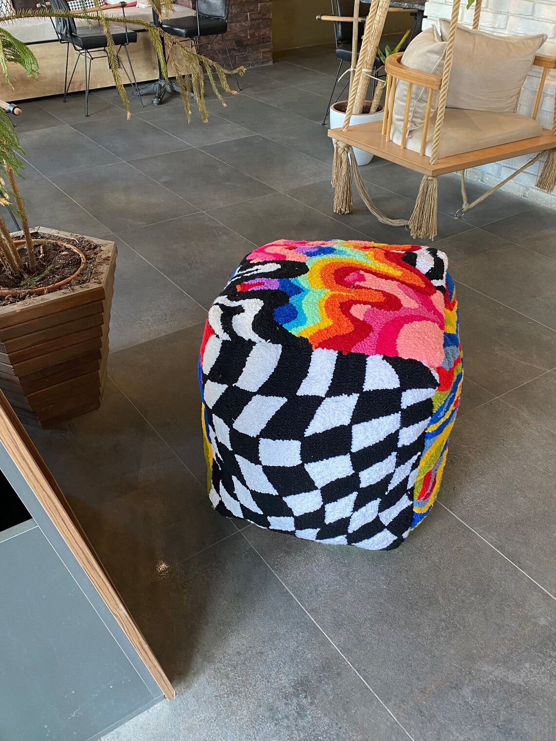 Tufted Ottoman Pouf Cover (Unstuffed) / Moroccan Pouf / Bohemian / Chaotic Mushroom - Rainbow - Fire - Lsd Tufted Rug Pouf / %100 Handmad