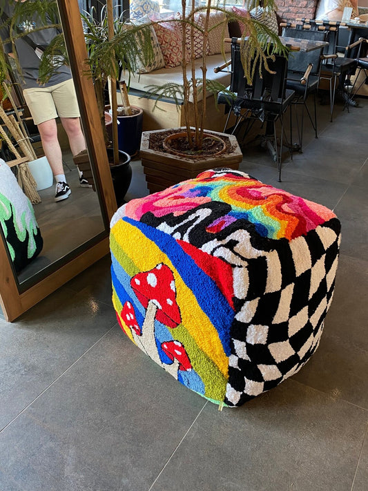 Tufted Ottoman Pouf Cover (Unstuffed) / Moroccan Pouf / Bohemian / Chaotic Mushroom - Rainbow - Fire - Lsd Tufted Rug Pouf / %100 Handmad