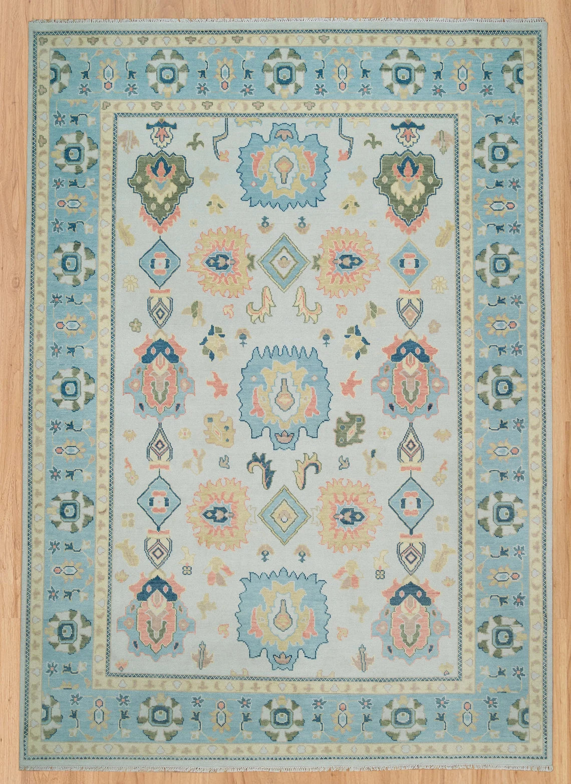 8x10 Oushak Rug In Cloud Gray & Sky Blue, Colorful Rug in Ivory Green Coral, Persia Rug 9x12, Modern Area Rug: Corn On Cob Wool Rug