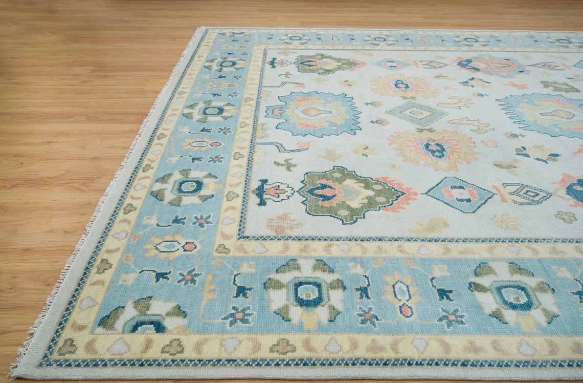 8x10 Oushak Rug In Cloud Gray & Sky Blue, Colorful Rug in Ivory Green Coral, Persia Rug 9x12, Modern Area Rug: Corn On Cob Wool Rug