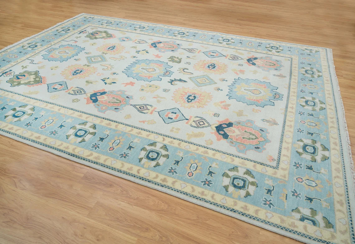 8x10 Oushak Rug In Cloud Gray & Sky Blue, Colorful Rug in Ivory Green Coral, Persia Rug 9x12, Modern Area Rug: Corn On Cob Wool Rug