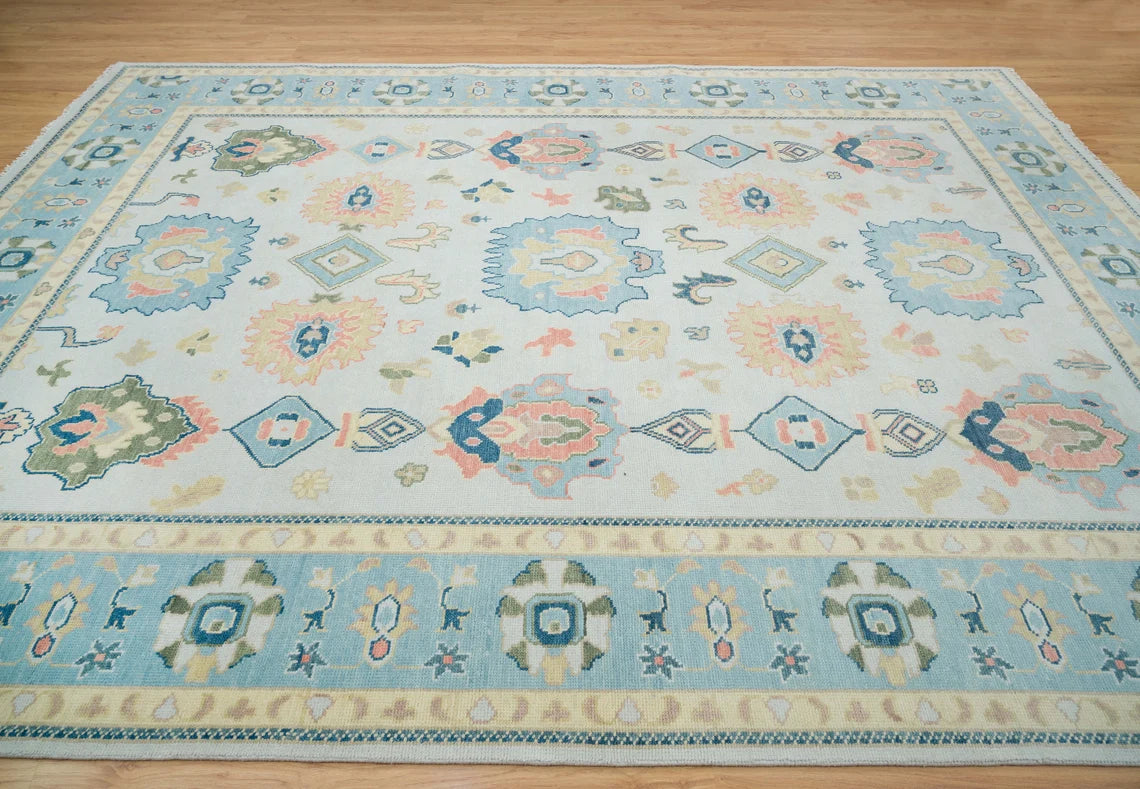 8x10 Oushak Rug In Cloud Gray & Sky Blue, Colorful Rug in Ivory Green Coral, Persia Rug 9x12, Modern Area Rug: Corn On Cob Wool Rug