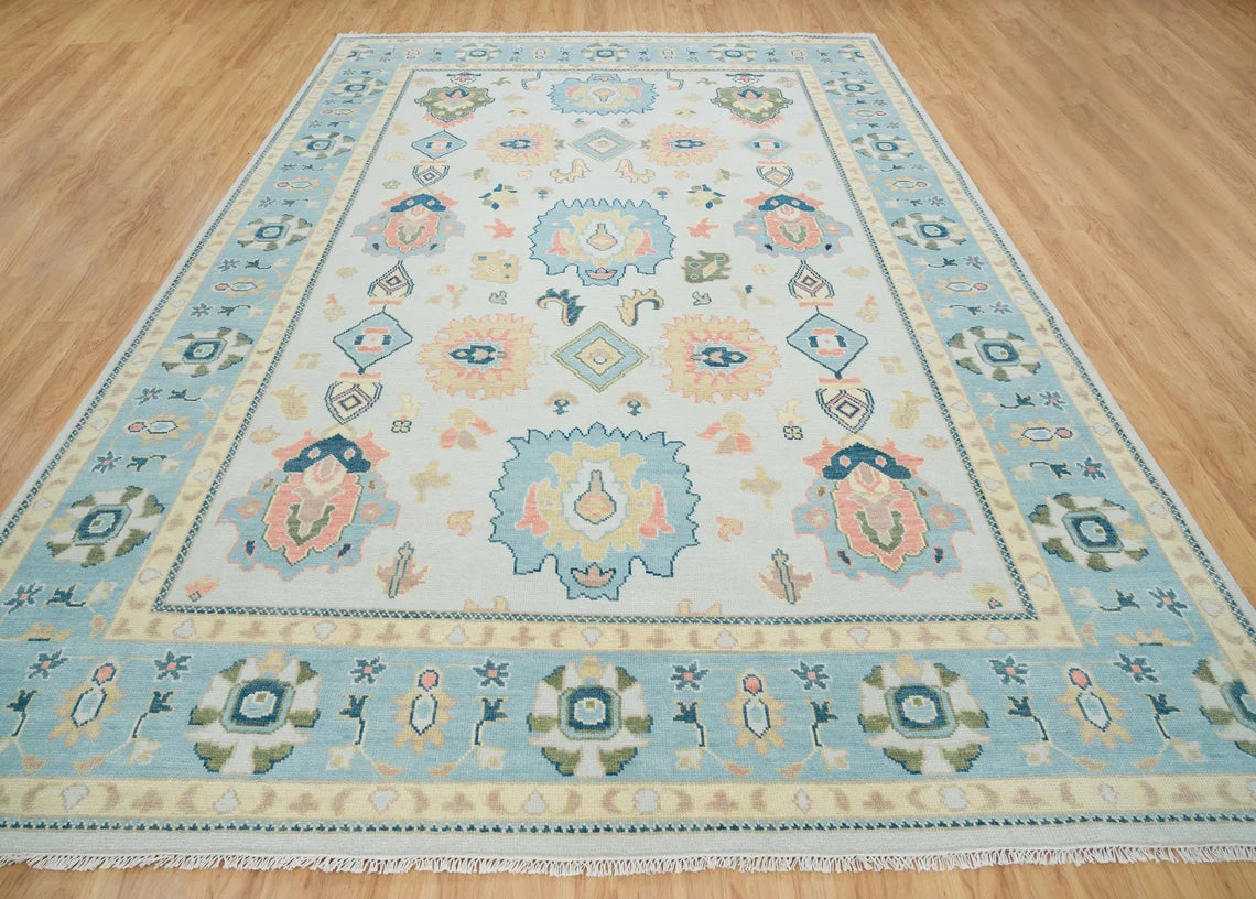 8x10 Oushak Rug In Cloud Gray & Sky Blue, Colorful Rug in Ivory Green Coral, Persia Rug 9x12, Modern Area Rug: Corn On Cob Wool Rug