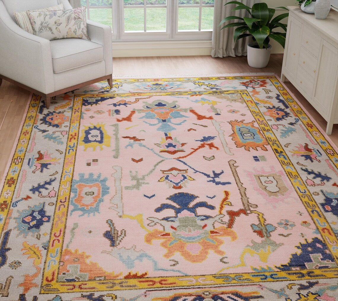 6' X 9' Handmade Farm house Rug | Salmon Pink and Navy Accent Rug | New Modern Turkish Wool Rug