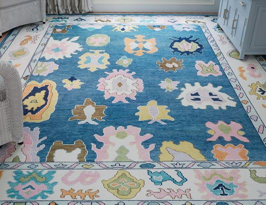 Handmade Faded Blue and Pearl White Contemporary Oushak Rug | Pink Accent Modern Turkish Rug | Living Room Hand knotted Rug