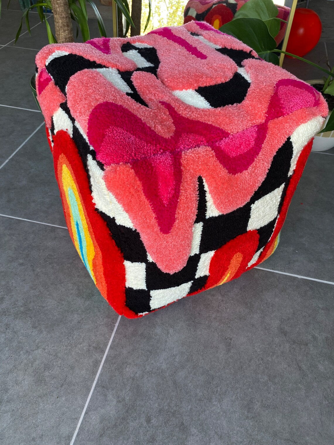 Rainbow Checkered 3D Tufted Ottoman Pouf Tufted Ottoman Pouf Cover (Unstuffed) / Moroccan Pouf / Bohemian / Psychedelic