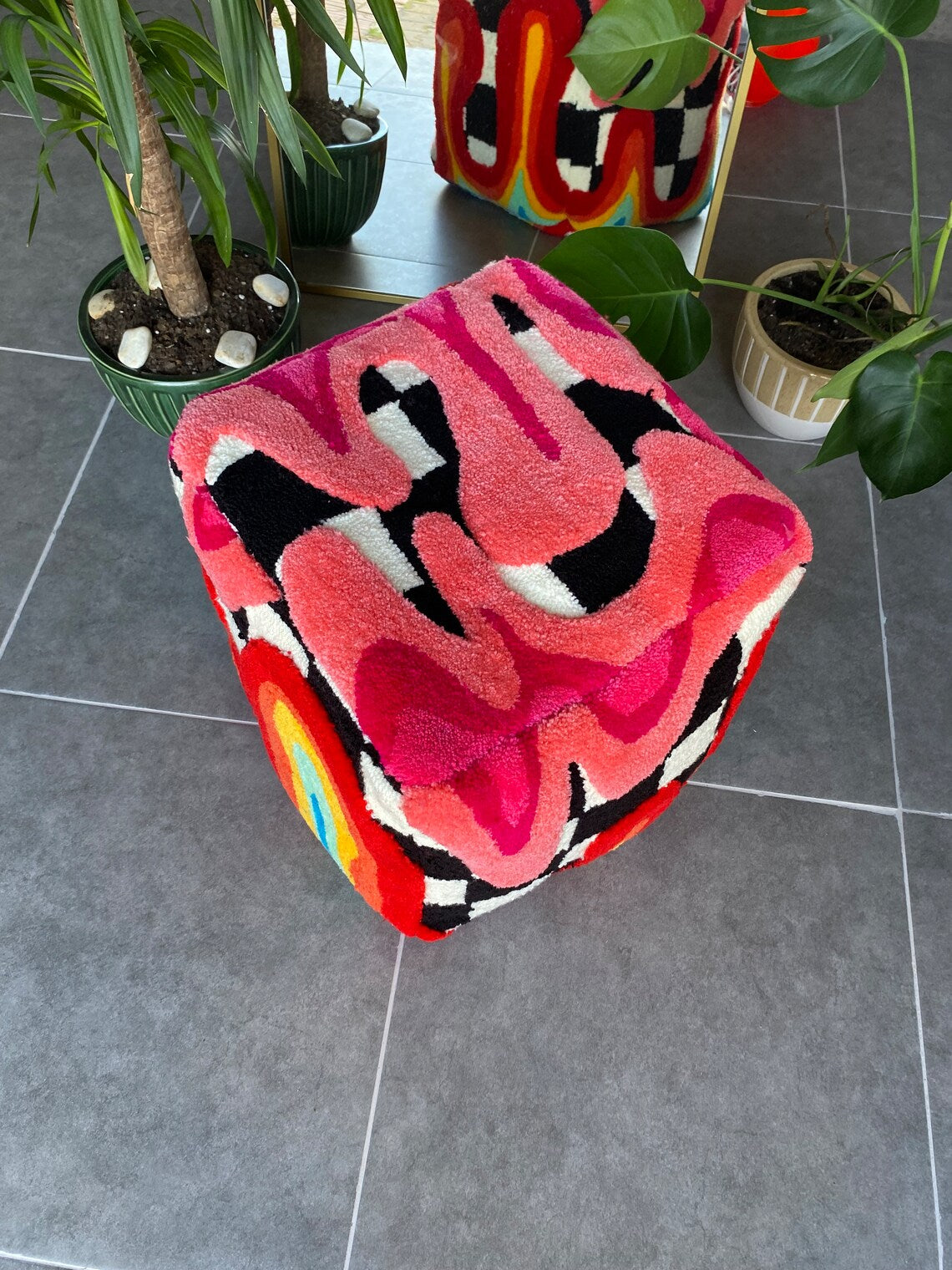 Rainbow Checkered 3D Tufted Ottoman Pouf Tufted Ottoman Pouf Cover (Unstuffed) / Moroccan Pouf / Bohemian / Psychedelic