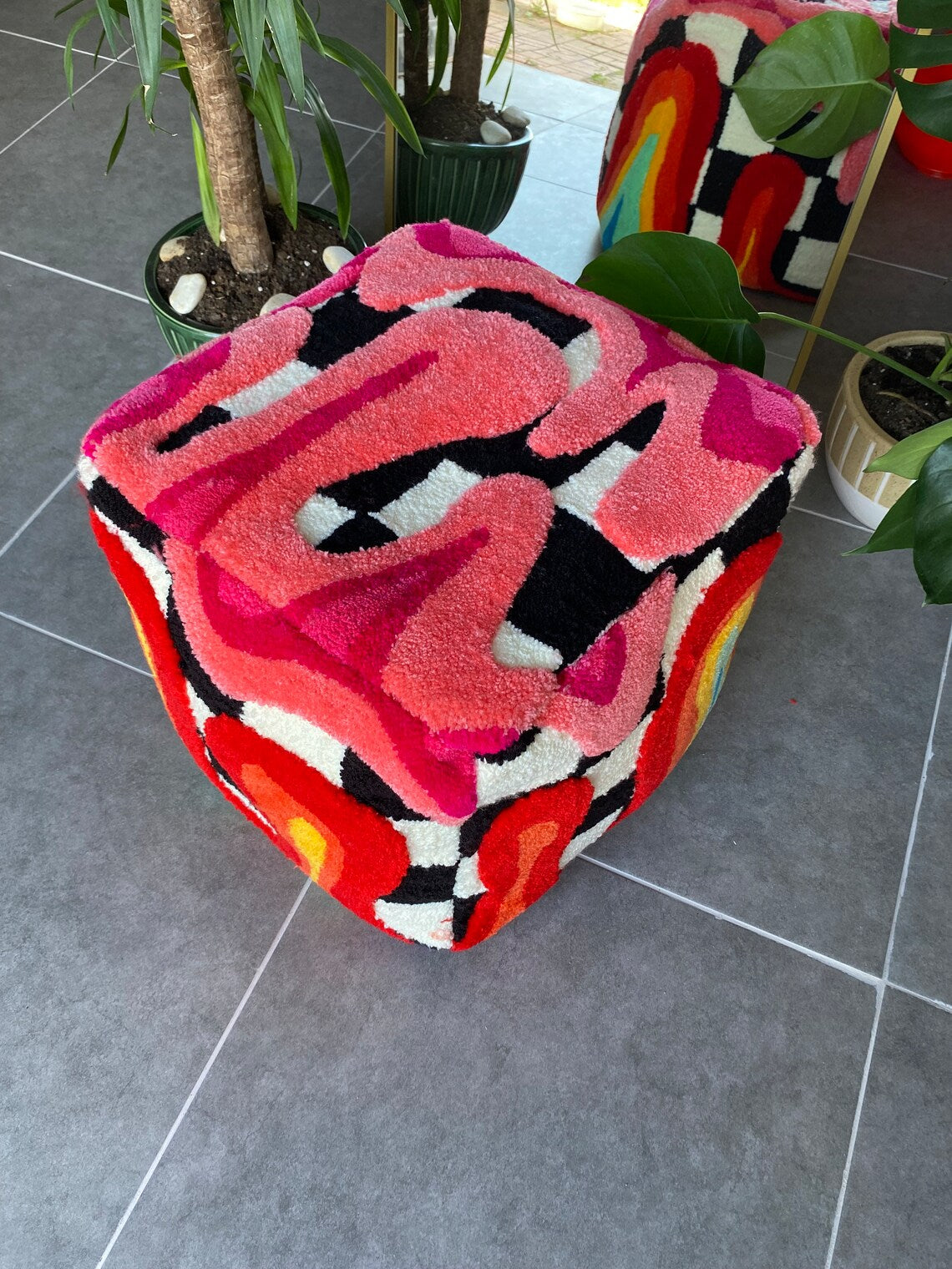 Rainbow Checkered 3D Tufted Ottoman Pouf Tufted Ottoman Pouf Cover (Unstuffed) / Moroccan Pouf / Bohemian / Psychedelic