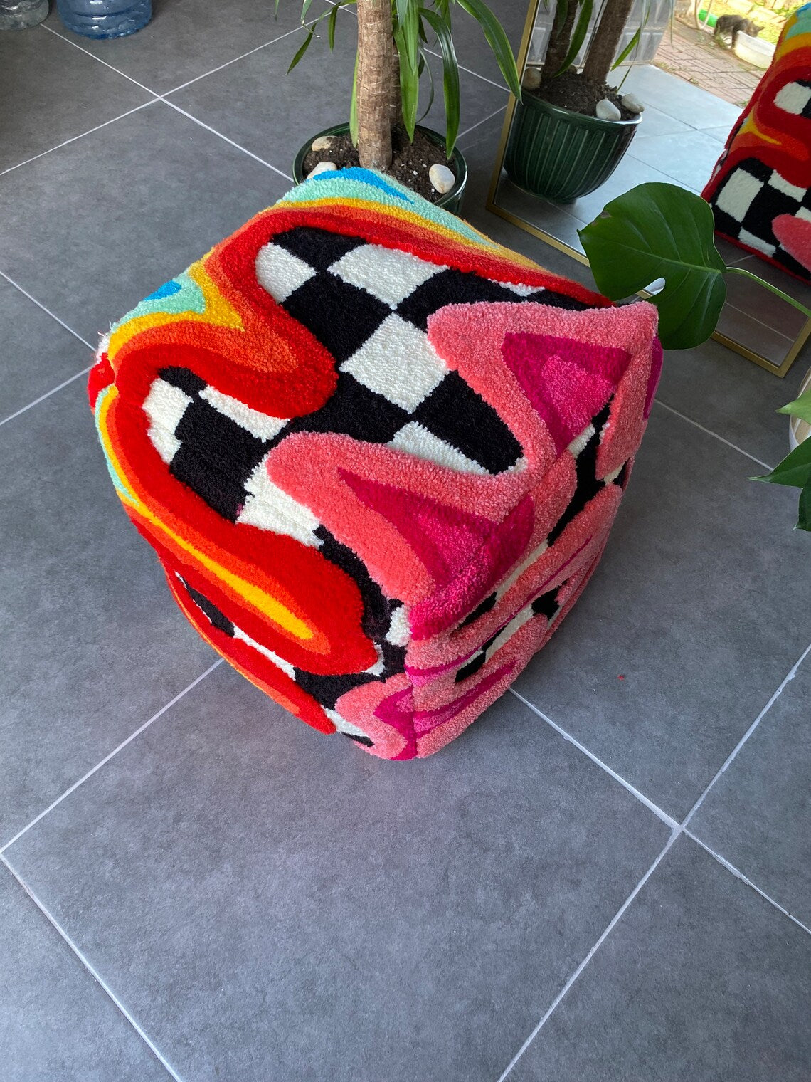 Rainbow Checkered 3D Tufted Ottoman Pouf Tufted Ottoman Pouf Cover (Unstuffed) / Moroccan Pouf / Bohemian / Psychedelic