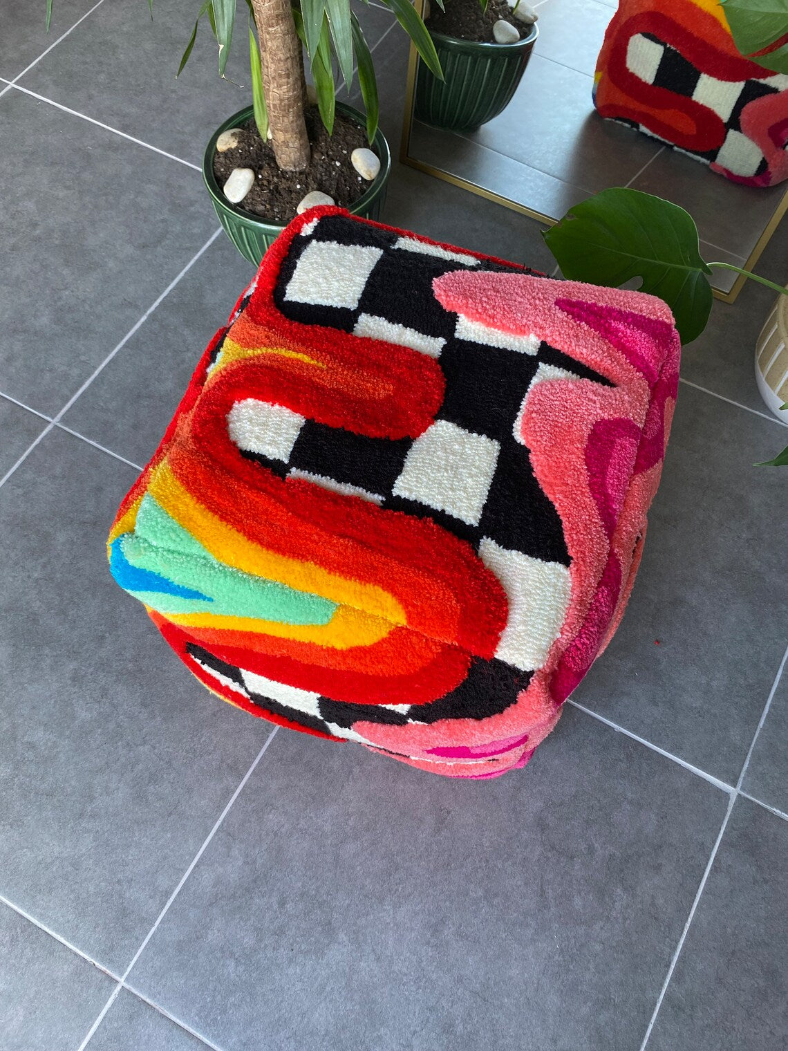 Rainbow Checkered 3D Tufted Ottoman Pouf Tufted Ottoman Pouf Cover (Unstuffed) / Moroccan Pouf / Bohemian / Psychedelic