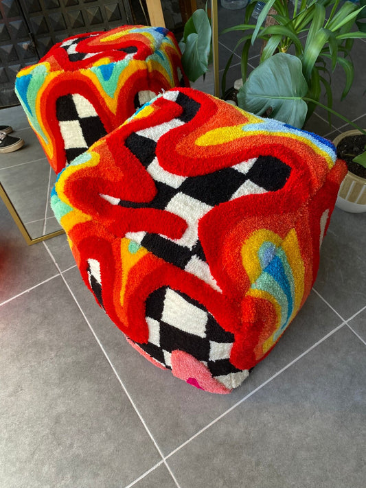 Rainbow Checkered 3D Tufted Ottoman Pouf Tufted Ottoman Pouf Cover (Unstuffed) / Moroccan Pouf / Bohemian / Psychedelic