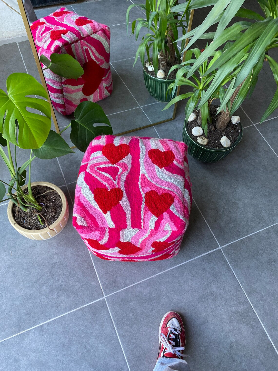 Heart Patterned Pink Shades Dice Ottoman Pouf Cover (Unstuffed) / Moroccan Pouf / Bohemian / Chaotic Dice