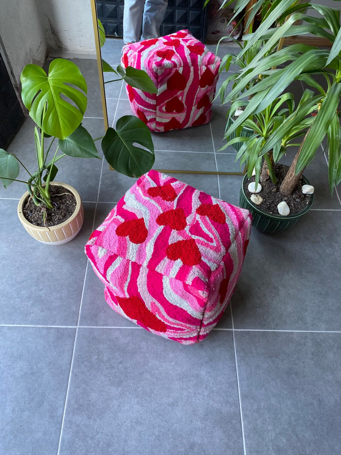 Heart Patterned Pink Shades Dice Ottoman Pouf Cover (Unstuffed) / Moroccan Pouf / Bohemian / Chaotic Dice