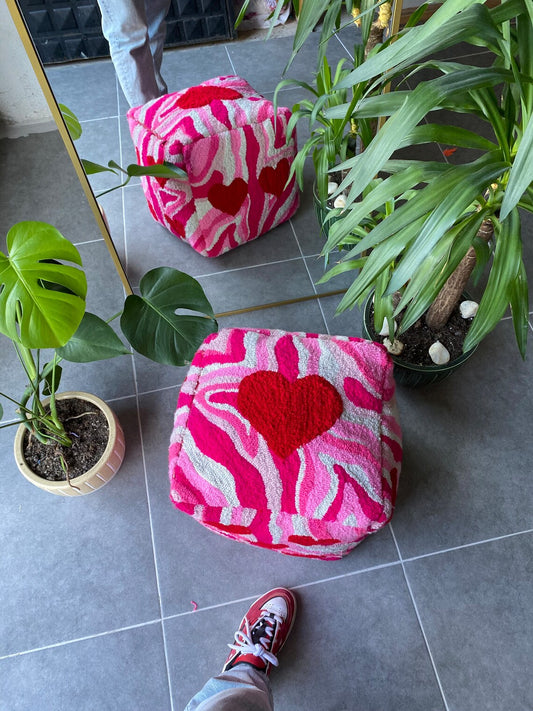 Heart Patterned Pink Shades Dice Ottoman Pouf Cover (Unstuffed) / Moroccan Pouf / Bohemian / Chaotic Dice