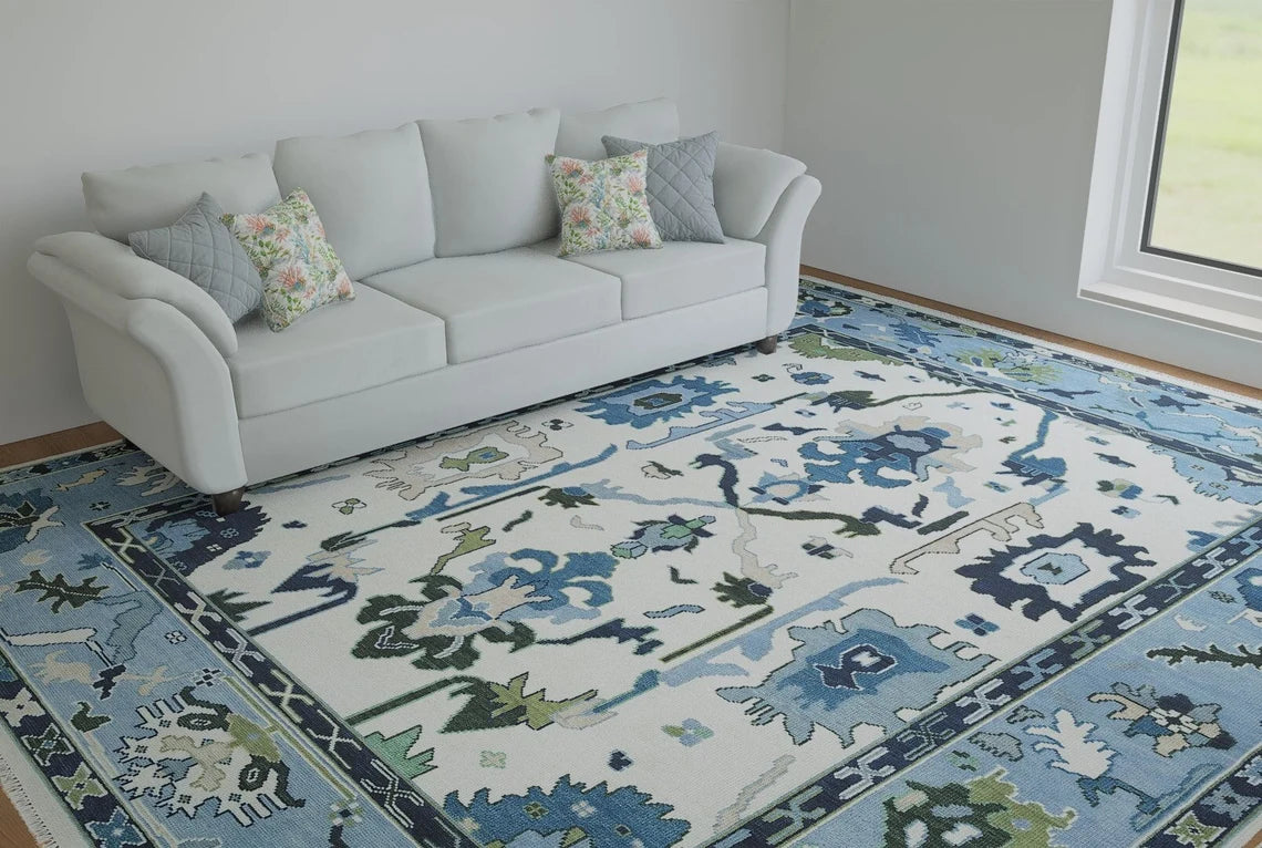 Contemporary Oushak Rug in Ivory, Blue Area Rug, Navy Accent Modern Turkish Rug, Floral Rug For Living Room