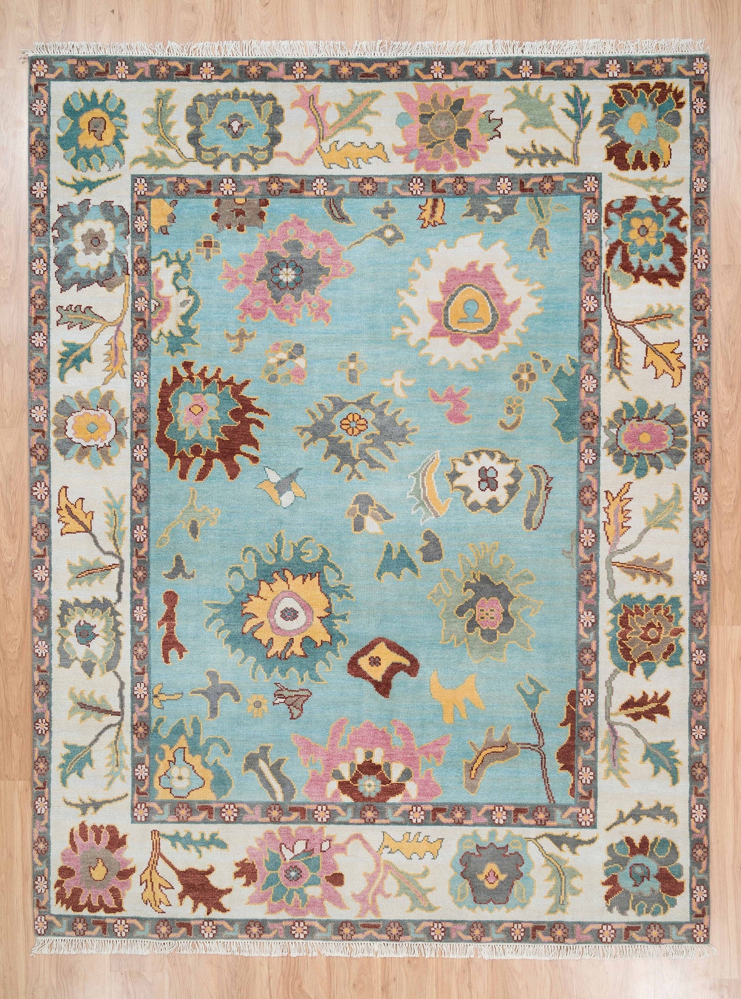 Light Blue Oushak Rug, White Border Abstract Floral Oushak, Red Green Pink Accent Turkish Rug, Colorful Area Rug: The Sky Wool Rug