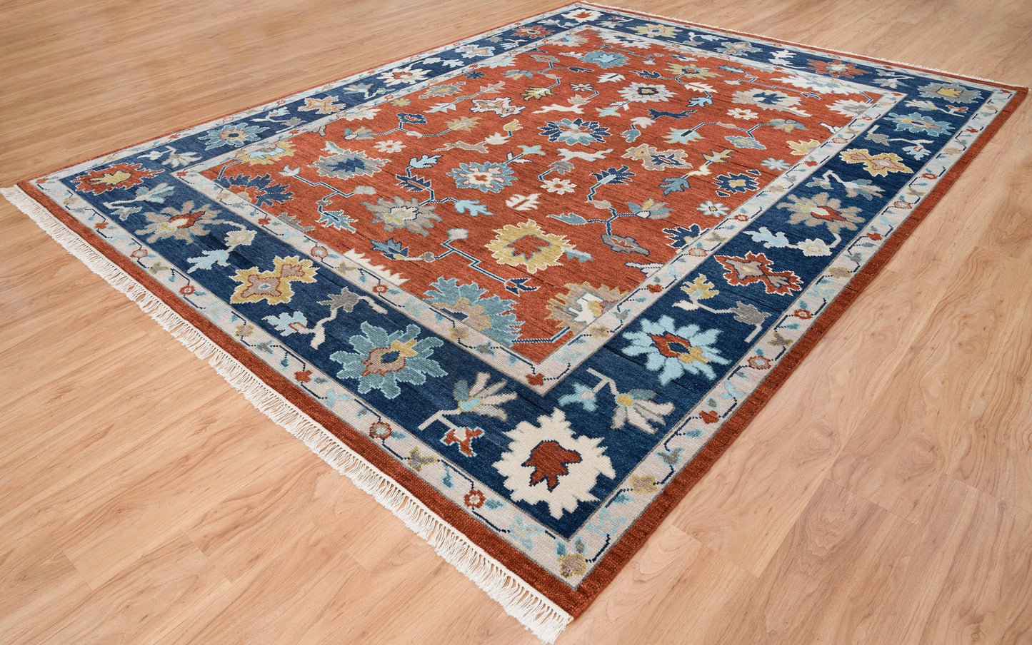 Turkish Oushak Rug In Red, Blue Border Handknotted Rug, Colorful Wool Rug For Bedroom: Santa's Sapphire Area Rug