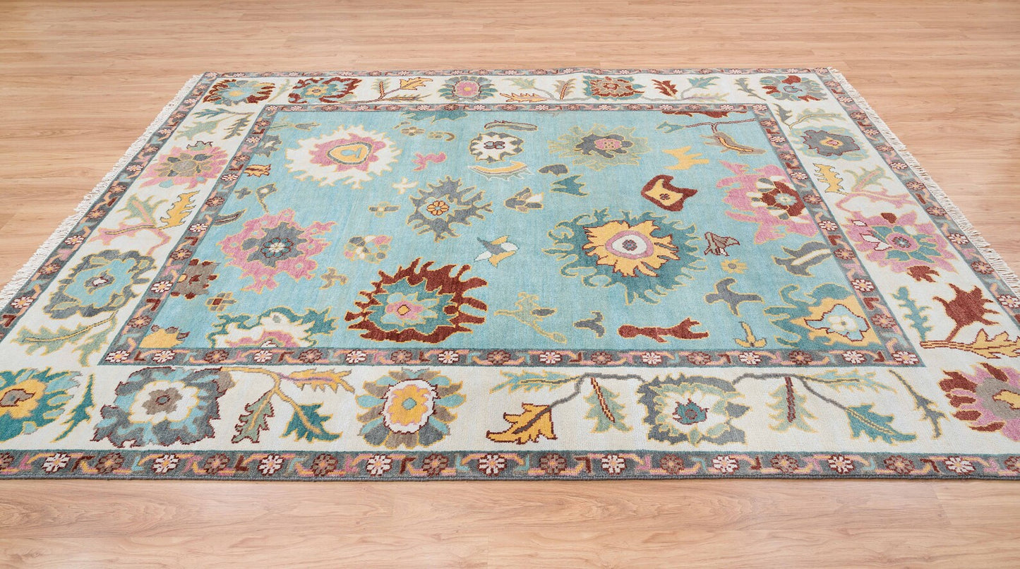 Light Blue Oushak Rug, White Border Abstract Floral Oushak, Red Green Pink Accent Turkish Rug, Colorful Area Rug: The Sky Wool Rug