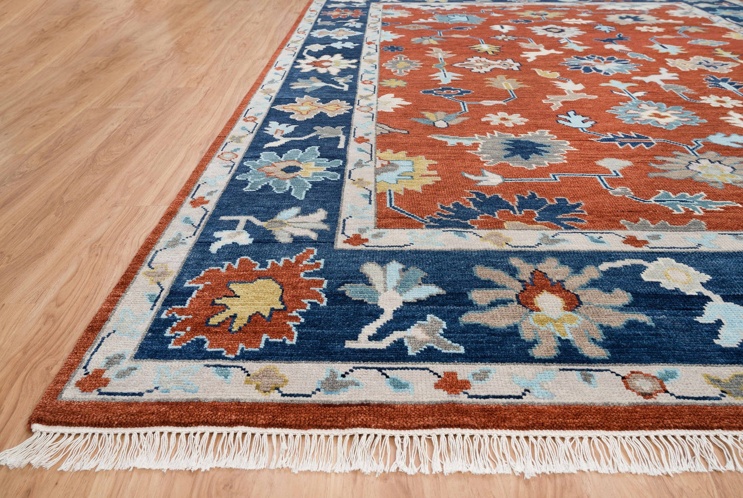 Turkish Oushak Rug In Red, Blue Border Handknotted Rug, Colorful Wool Rug For Bedroom: Santa's Sapphire Area Rug