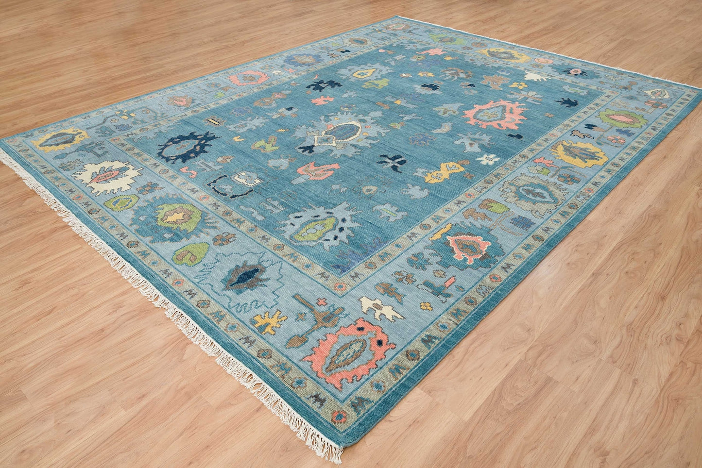 Contemporary Oushak Rug In Aqua, Teal And Navy, Colorful Living Room Wool Rug |Green& Pink Accent Turkish Rug: Blue Jay New Area Rug