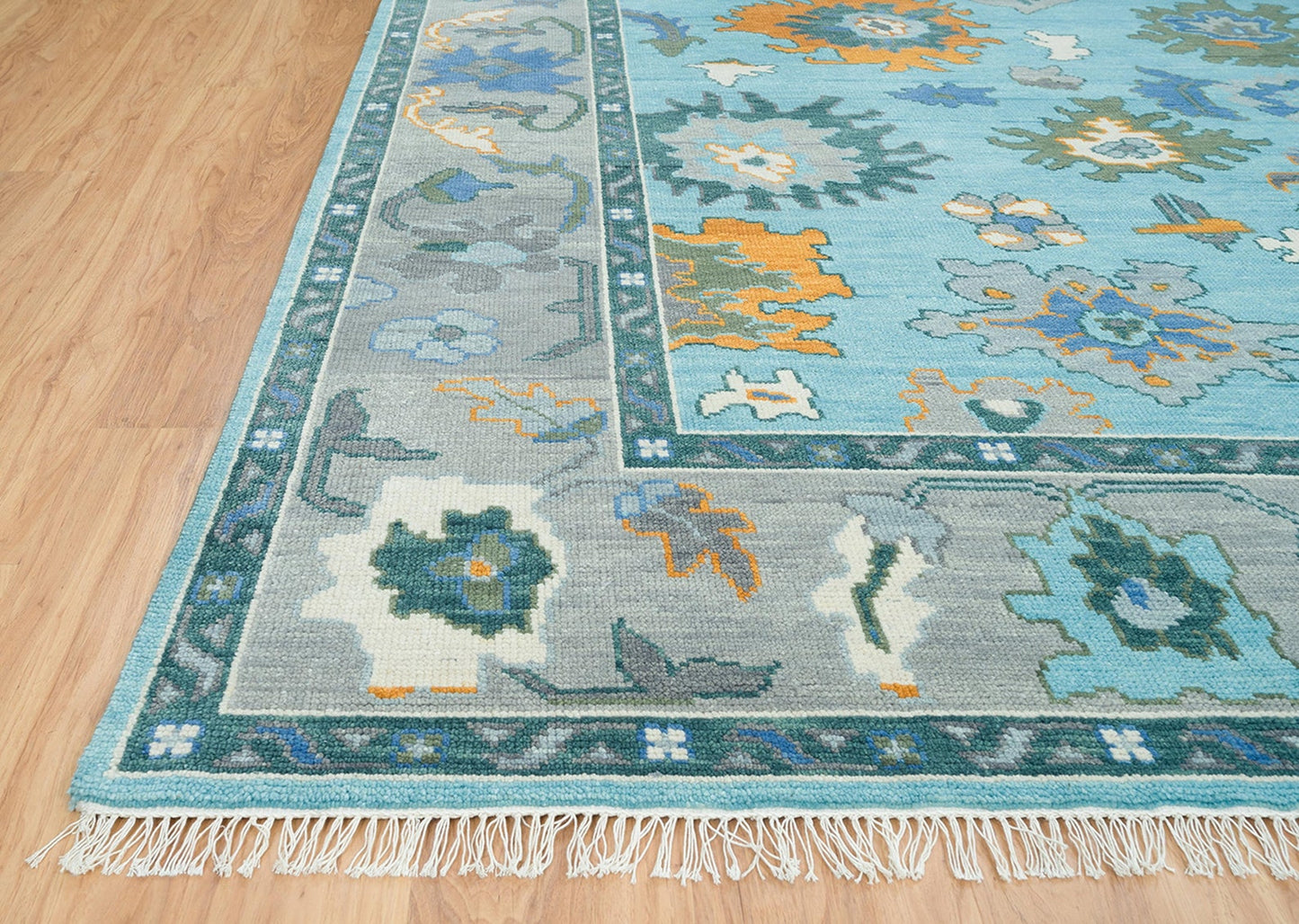 Contemporary Oushak Rug In Blue & Gray, Orange Accent Turkish Rug, Modern Area Rug In Green And White: Happy Noon Wool Rug