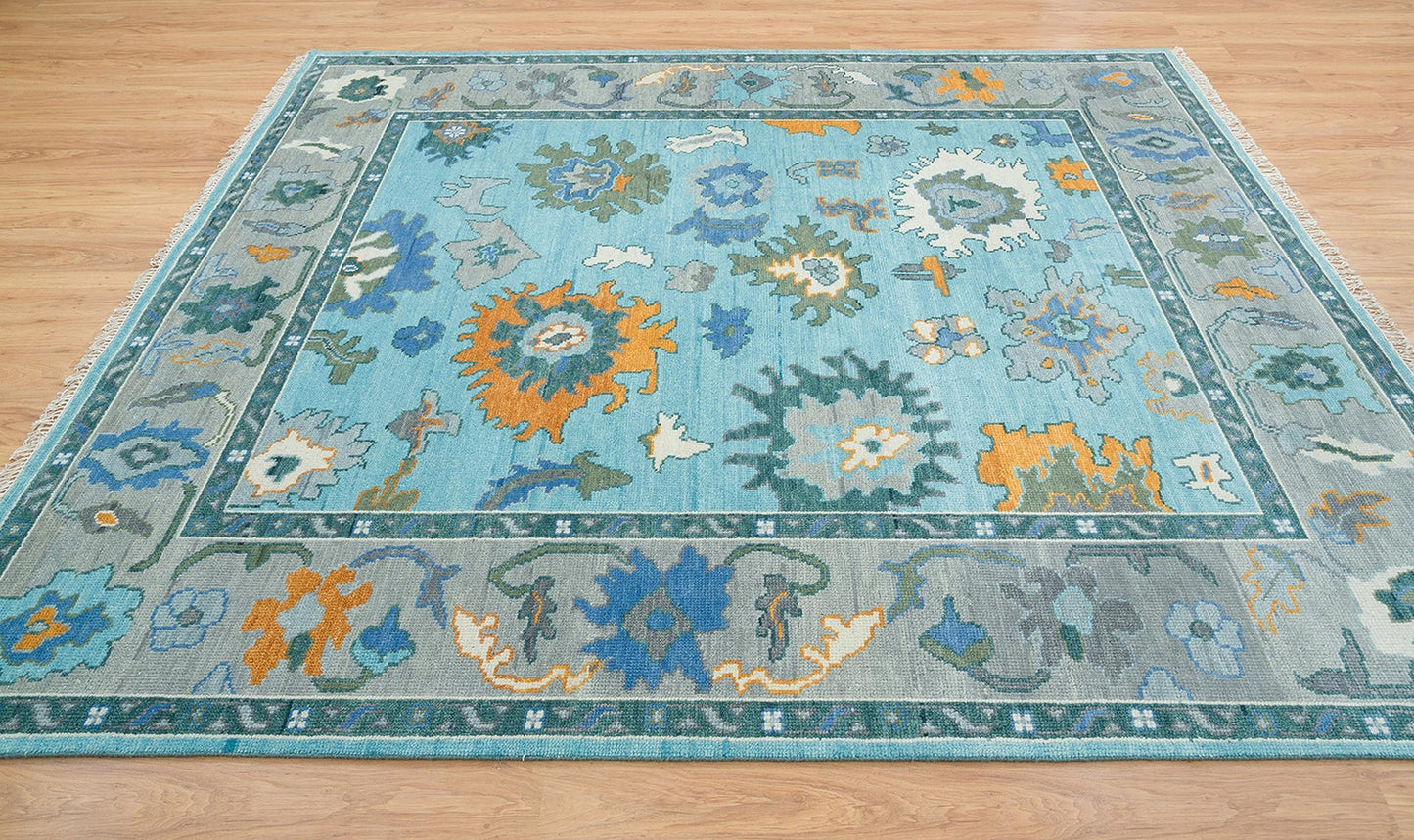 Contemporary Oushak Rug In Blue & Gray, Orange Accent Turkish Rug, Modern Area Rug In Green And White: Happy Noon Wool Rug