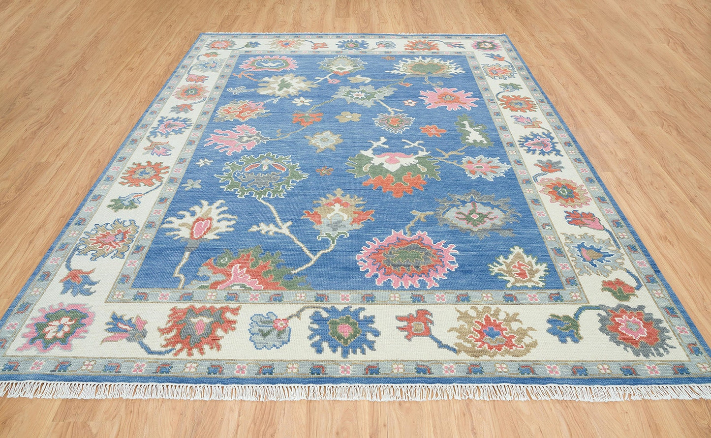 Blue Oushak Rug, White Border Turkish Rug, Pink Green Accent Area Rug,Modern Floral Oriental Rug For Living Room: Aqua Rose Wool Rug