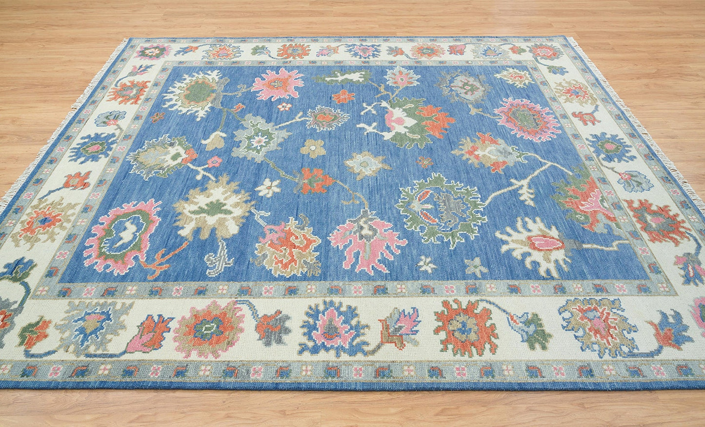 Blue Oushak Rug, White Border Turkish Rug, Pink Green Accent Area Rug,Modern Floral Oriental Rug For Living Room: Aqua Rose Wool Rug