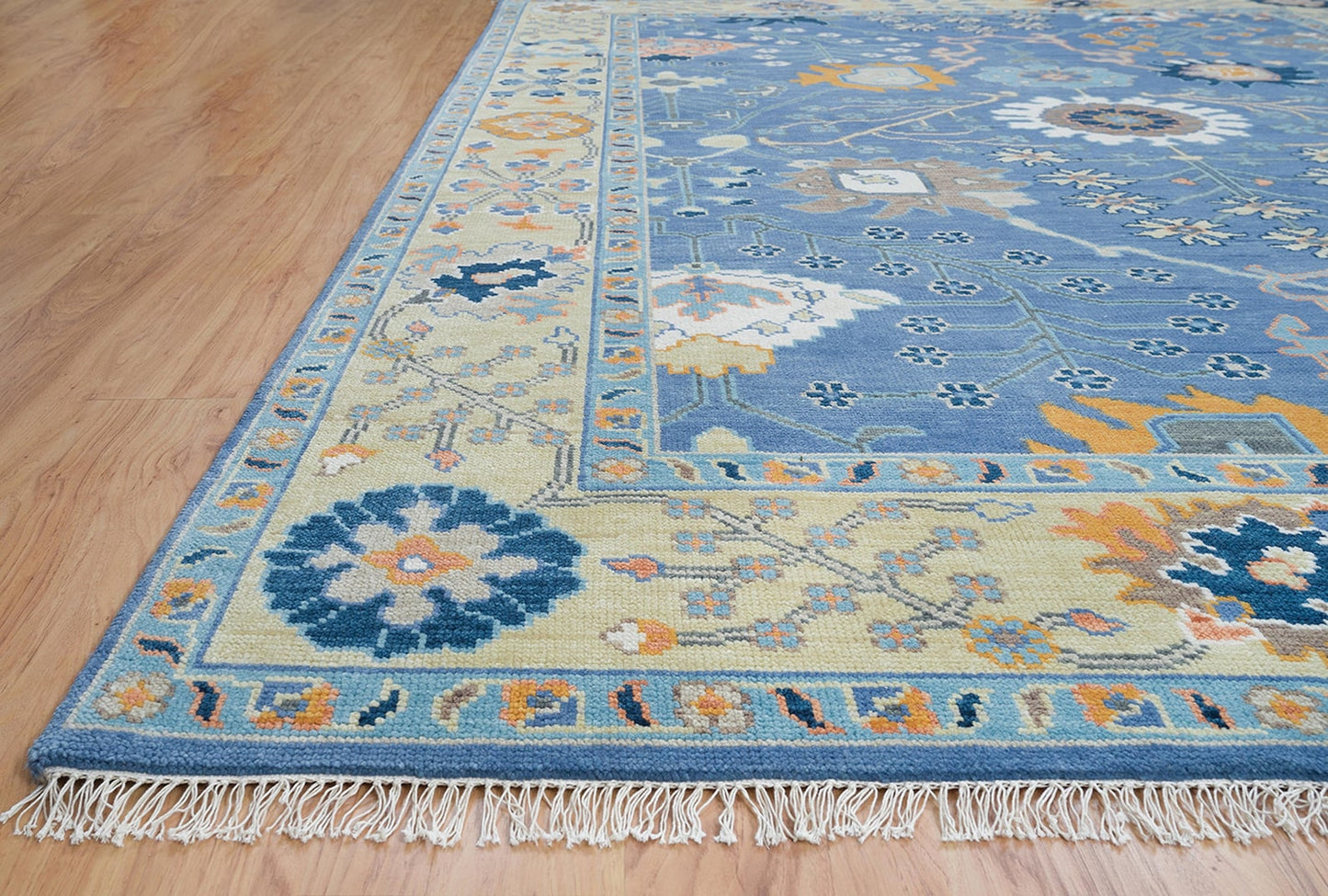 Blue Oushak Rug, Modern Colorful Rug, Lemon & Orange Accent Turkish Rug, Ivory Area Rug For Living Room: Southern Charm Wool Rug