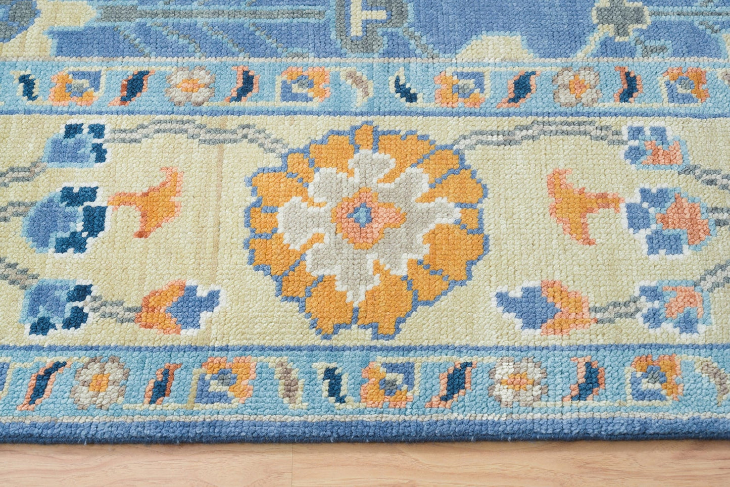 Blue Oushak Rug, Modern Colorful Rug, Lemon & Orange Accent Turkish Rug, Ivory Area Rug For Living Room: Southern Charm Wool Rug