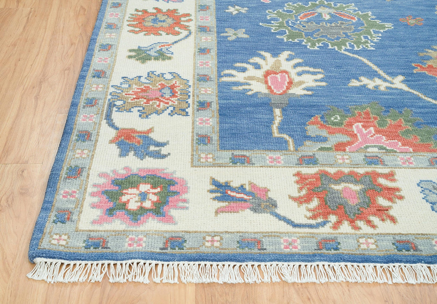 Blue Oushak Rug, White Border Turkish Rug, Pink Green Accent Area Rug,Modern Floral Oriental Rug For Living Room: Aqua Rose Wool Rug