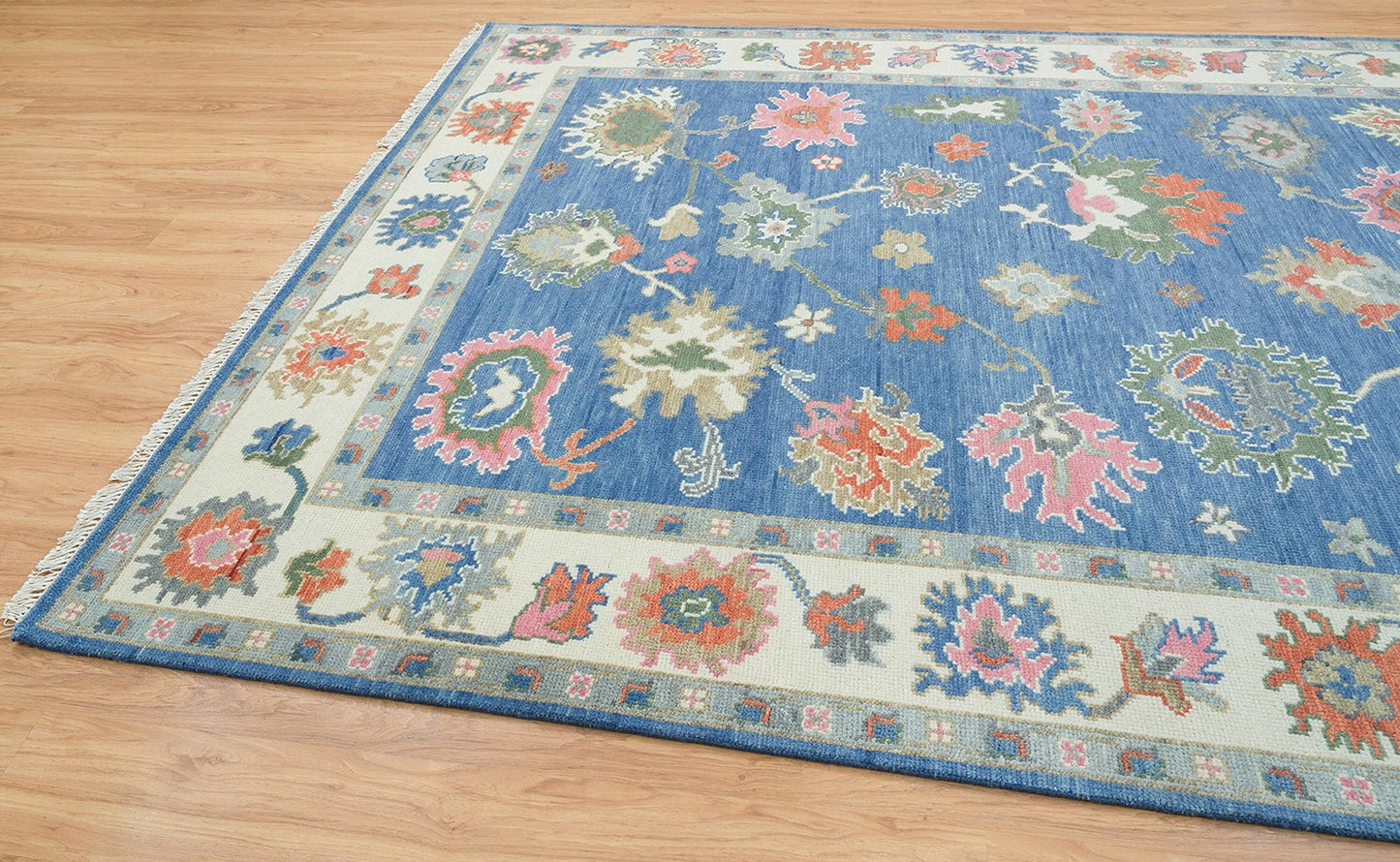 Blue Oushak Rug, White Border Turkish Rug, Pink Green Accent Area Rug,Modern Floral Oriental Rug For Living Room: Aqua Rose Wool Rug