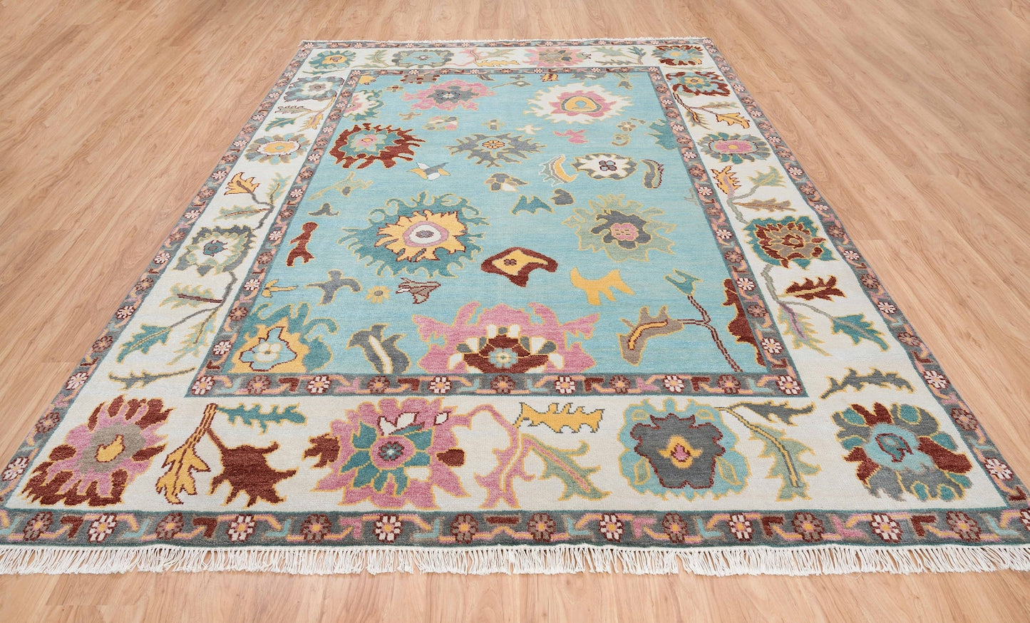 Light Blue Oushak Rug, White Border Abstract Floral Oushak, Red Green Pink Accent Turkish Rug, Colorful Area Rug: The Sky Wool Rug