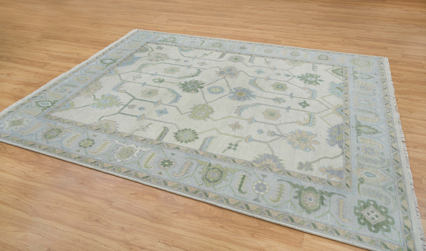 Cream Area Rug, Blue-Green Modern Oushak Rug, Muted Turkish Rug, Handknotted Rug For Nursery & Bedroom: Endless Summer Wool Rug