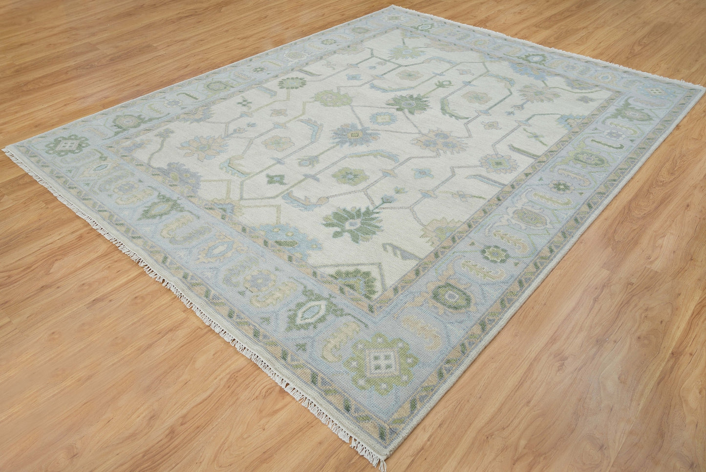 Cream Area Rug, Blue-Green Modern Oushak Rug, Muted Turkish Rug, Handknotted Rug For Nursery & Bedroom: Endless Summer Wool Rug