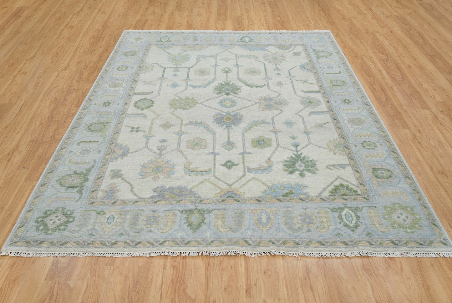 Cream Area Rug, Blue-Green Modern Oushak Rug, Muted Turkish Rug, Handknotted Rug For Nursery & Bedroom: Endless Summer Wool Rug