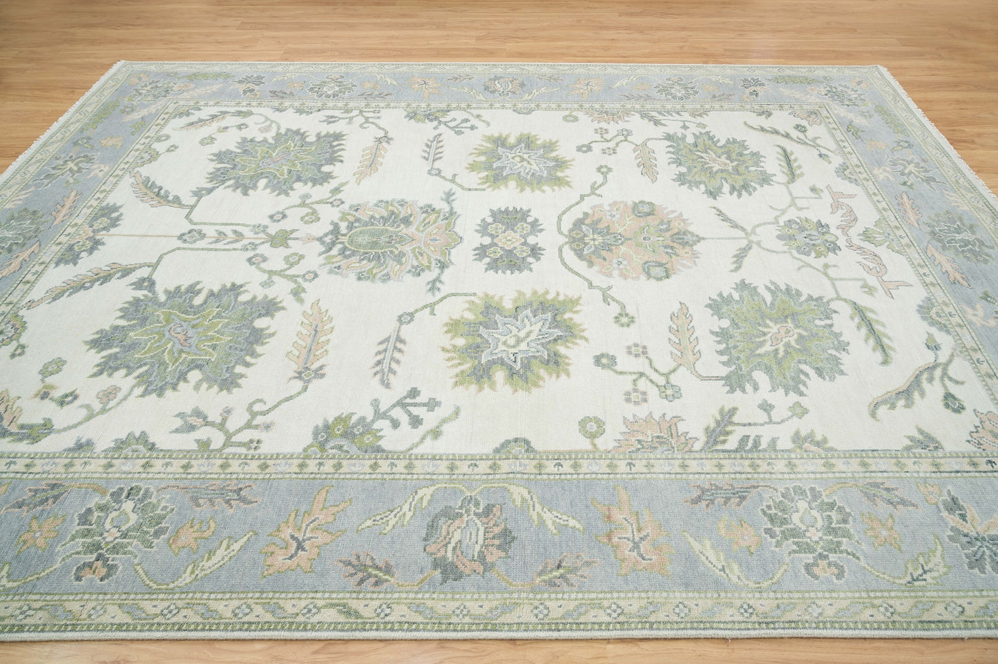 Cream and Silver Area Rug, Oushak Rug In Green Accents, Ivory Rug For Living Room, Hand-knotted Muted Rug: The Fern Wool Rug