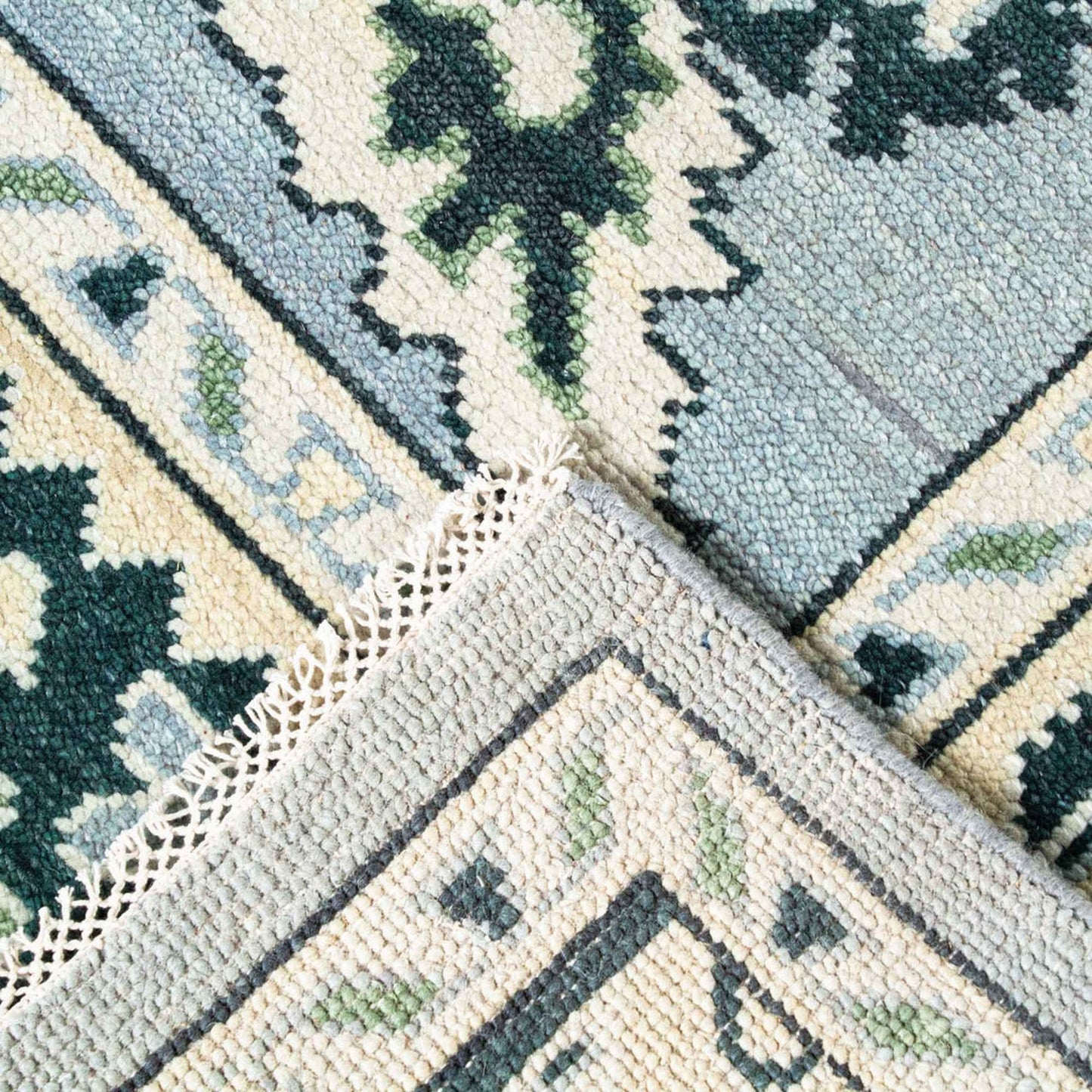 9'X12' Blue And Green Oushak Rug With Neutral Base: Palm Beach Chic Area Rug