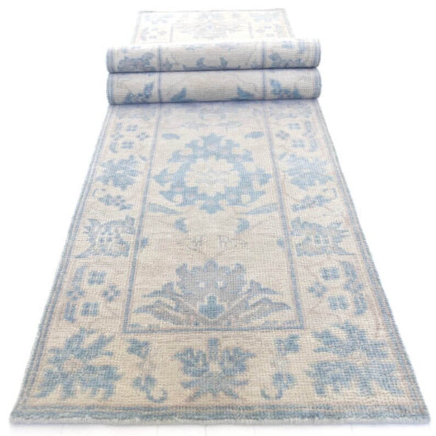 9'X12' Cloud white Hand Knotted Wool Rug | Accent-Blue Beige Geometrical Turkish Oushak Rug | New Handmade Large Area Rug