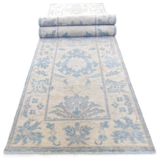 9'X12' Cloud white Hand Knotted Wool Rug | Accent-Blue Beige Geometrical Turkish Oushak Rug | New Handmade Large Area Rug