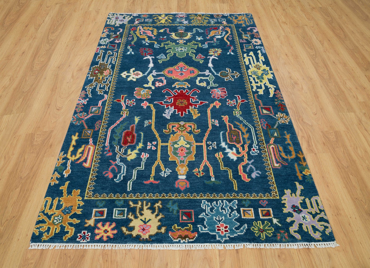 Blue Oushak Rug, Red & Gold Area Rug, Abstract Design Turkish Rug For Living Room, Handmade Persian Rug: Sweet Home Wool Rug