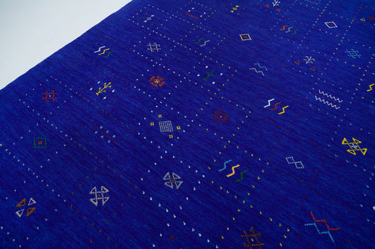 Elegance in Cobalt: Handmade Ivory Pattern Indian Wool Gabbeh Rug