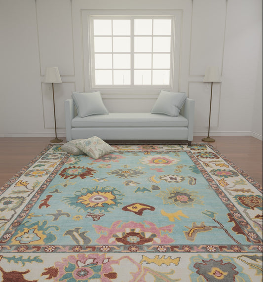 Light Blue Oushak Rug, White Border Abstract Floral Oushak, Red Green Pink Accent Turkish Rug, Colorful Area Rug: The Sky Wool Rug