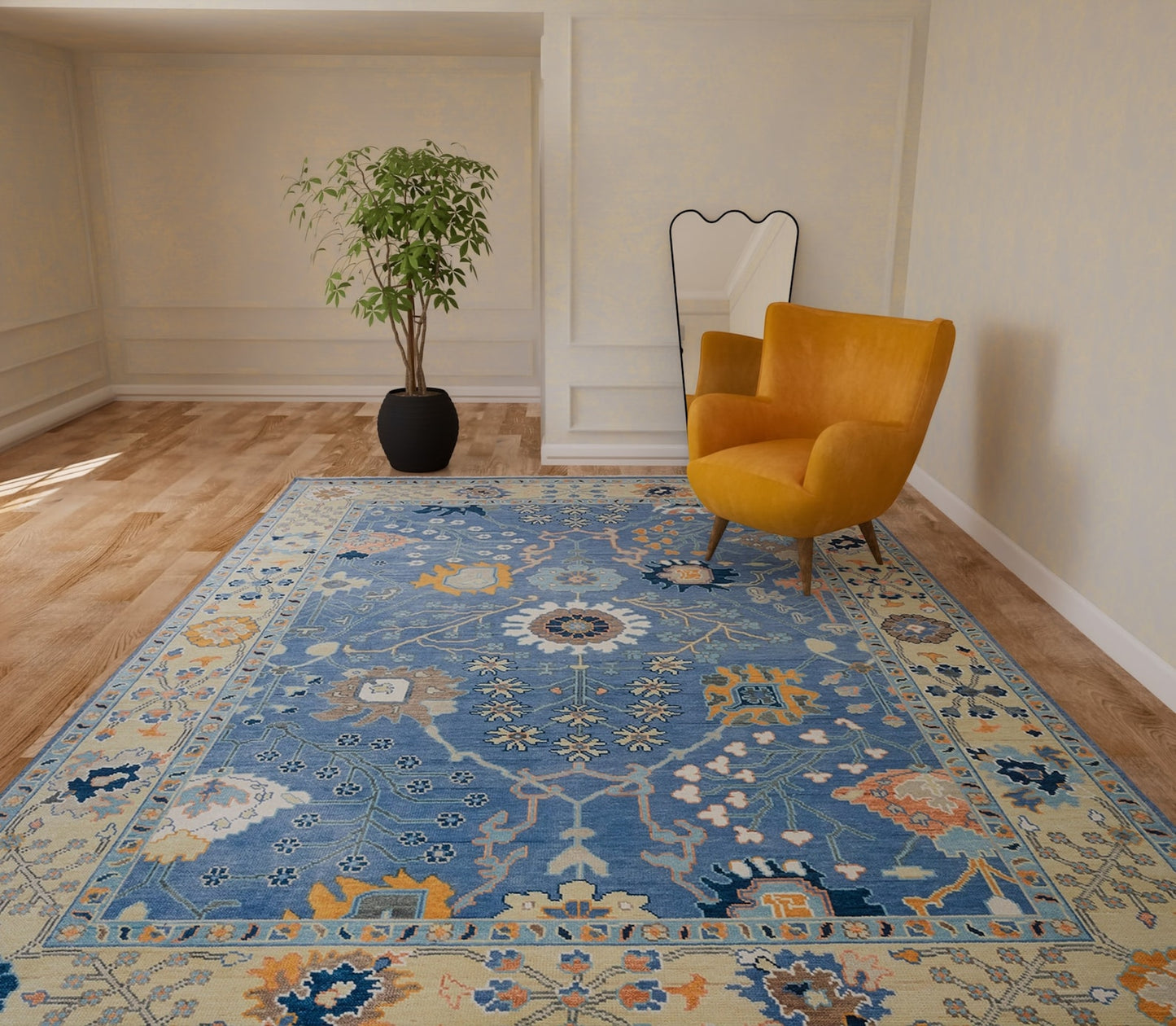 Blue Oushak Rug, Modern Colorful Rug, Lemon & Orange Accent Turkish Rug, Ivory Area Rug For Living Room: Southern Charm Wool Rug