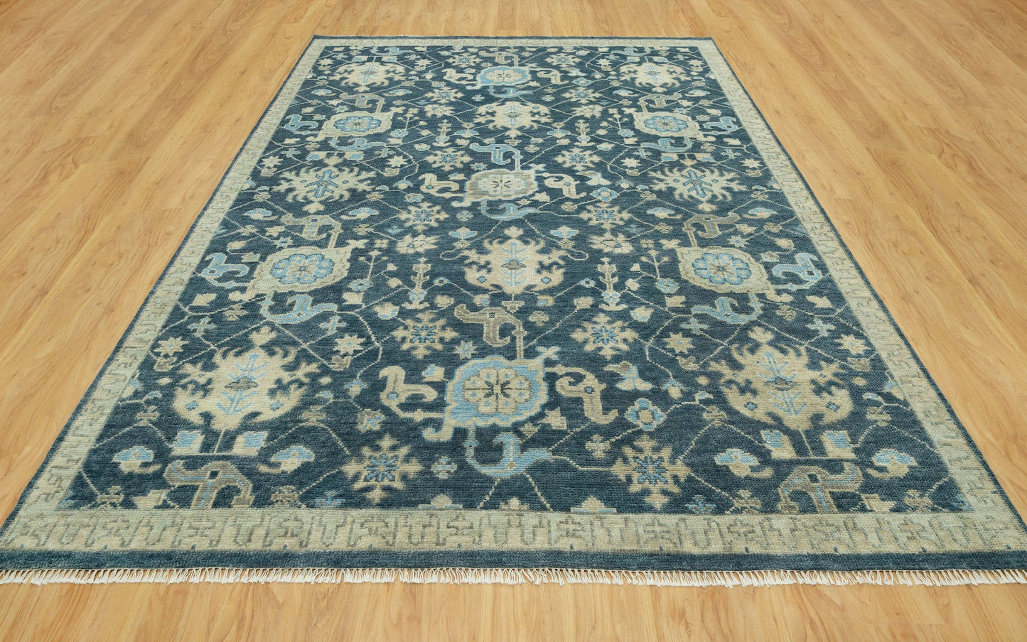 Dark Blue Area Rug, Sand Beige Accent Contemporary Rug, Handknotted Bedroom Rug, Modern 8x10 Rug: Indigo Dunes Wool Rug