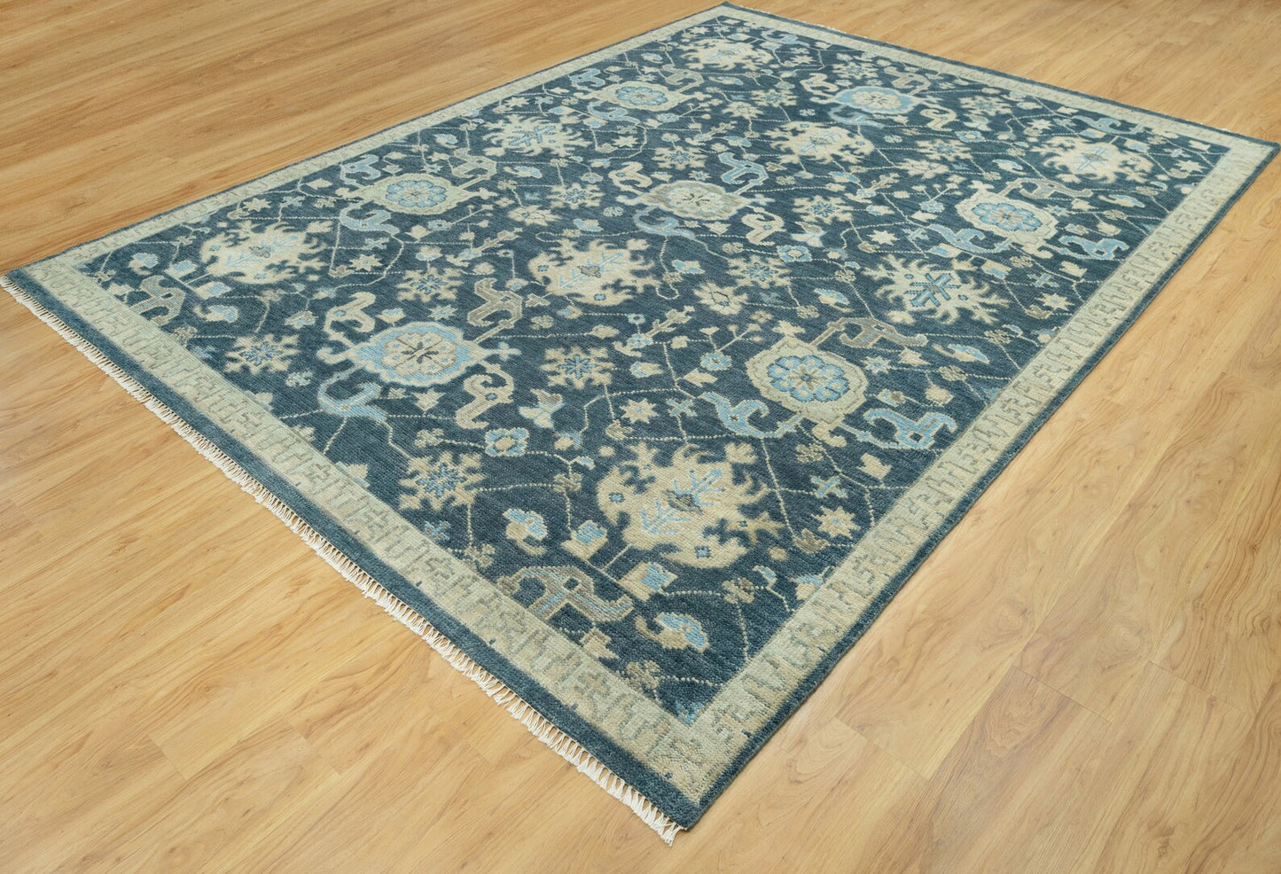 Dark Blue Area Rug, Sand Beige Accent Contemporary Rug, Handknotted Bedroom Rug, Modern 8x10 Rug: Indigo Dunes Wool Rug