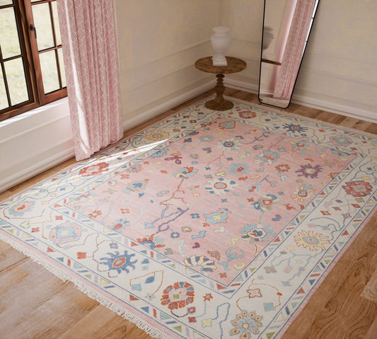 6x9 Ivory And Pink Rug, Modern Oushak Turkish Rug, Colorful Area Rug With White Border For Valentine's: A Pink Dream Wool Rug